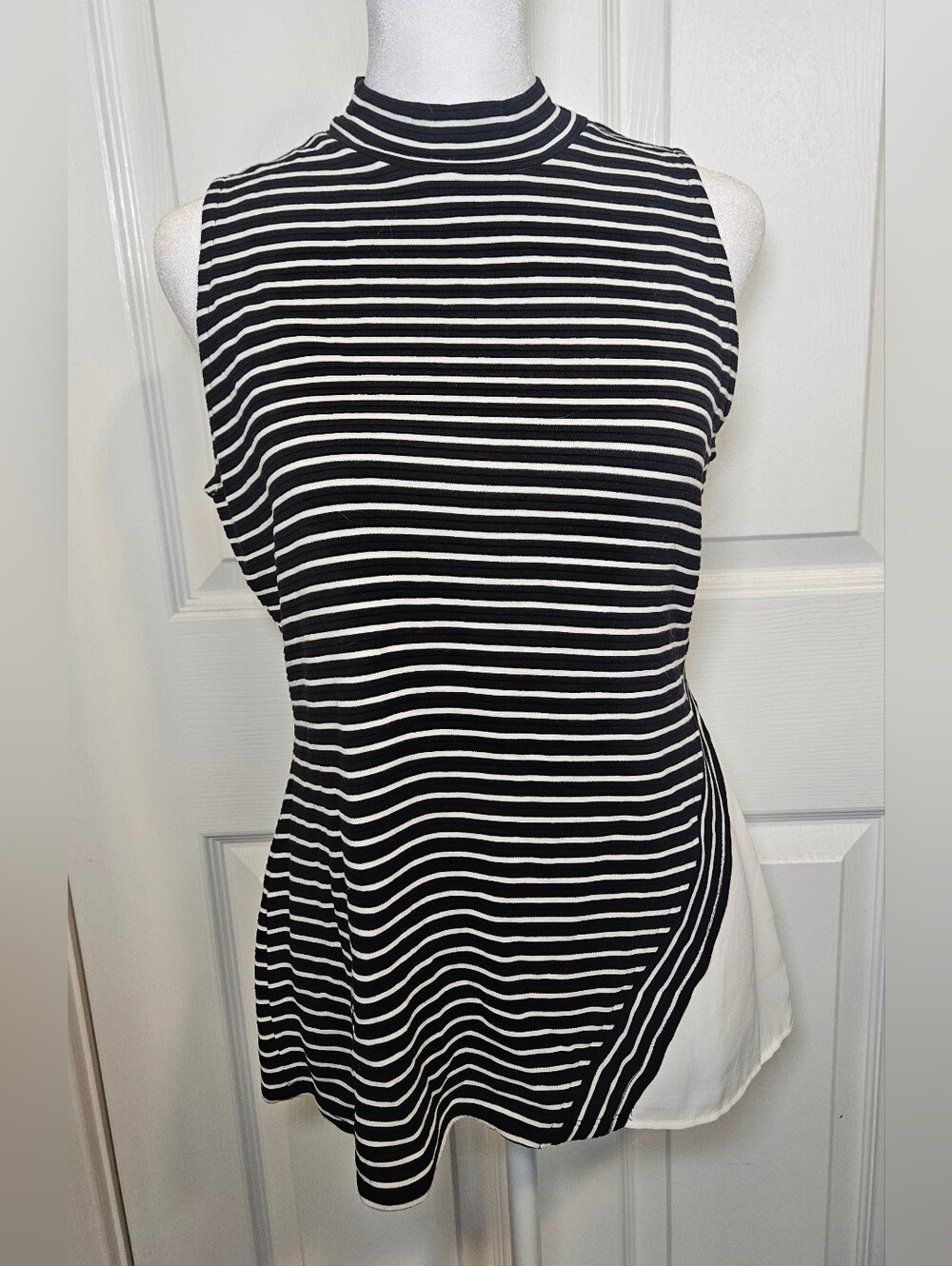 White House Black Market Black & White Striped Sleeveless Mock Neck Tank